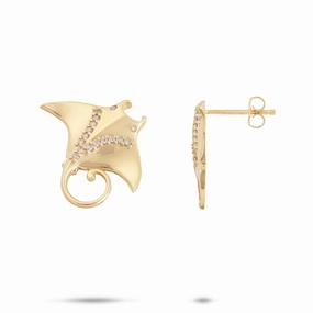 Ocean Dance Manta Ray Earrings in Gold with Diamonds - 19mm Sleek Style Vivid Sparkle
