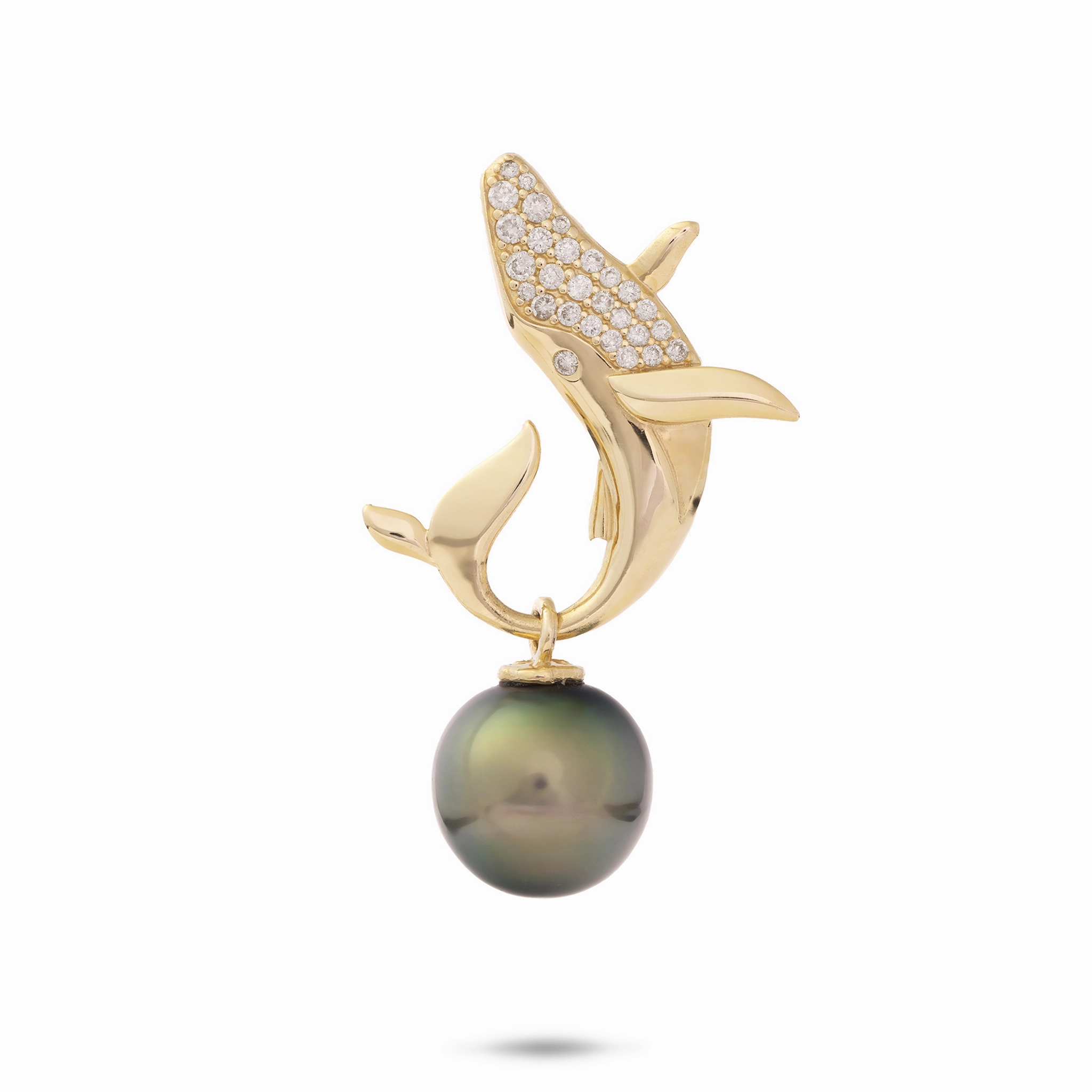 Glamorous Craft Ocean Dance Whale Tahitian Black Pearl Pendant in Gold with Diamonds - 9-10mm