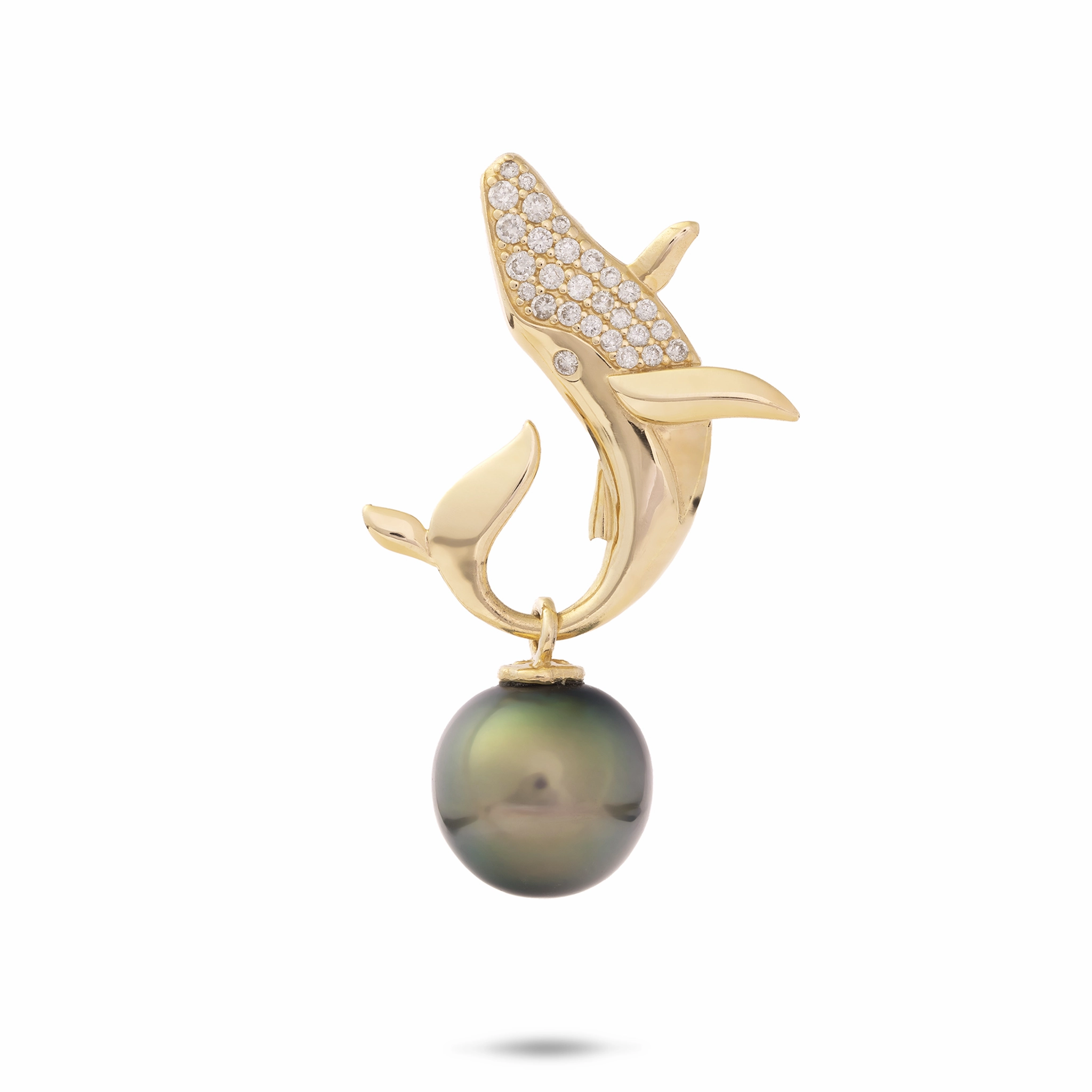 Ocean Dance Whale Tahitian Black Pearl Pendant in Gold with Diamonds - 9-10mm Elegant Creations