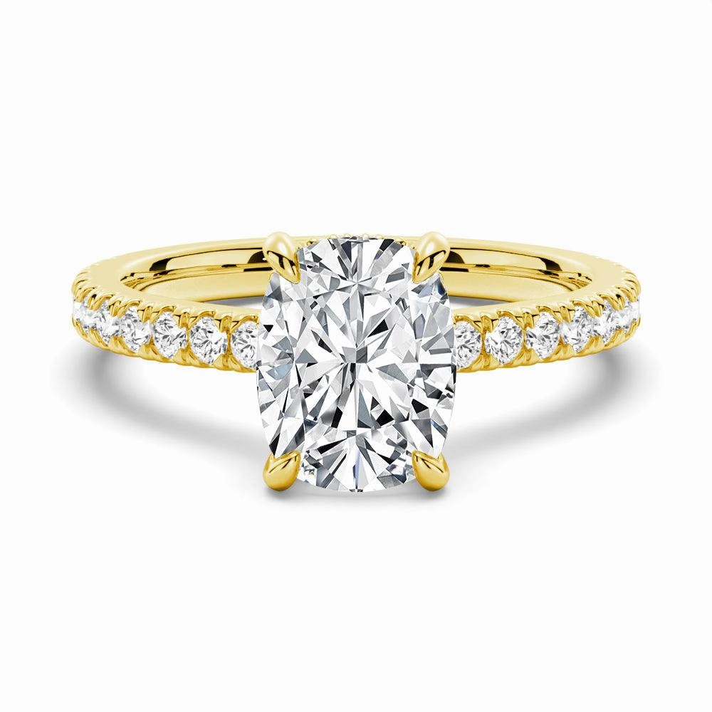 Subtle Accent Everyday Edge Cushion Cut Moissanite Engagement Ring With Hidden Halo