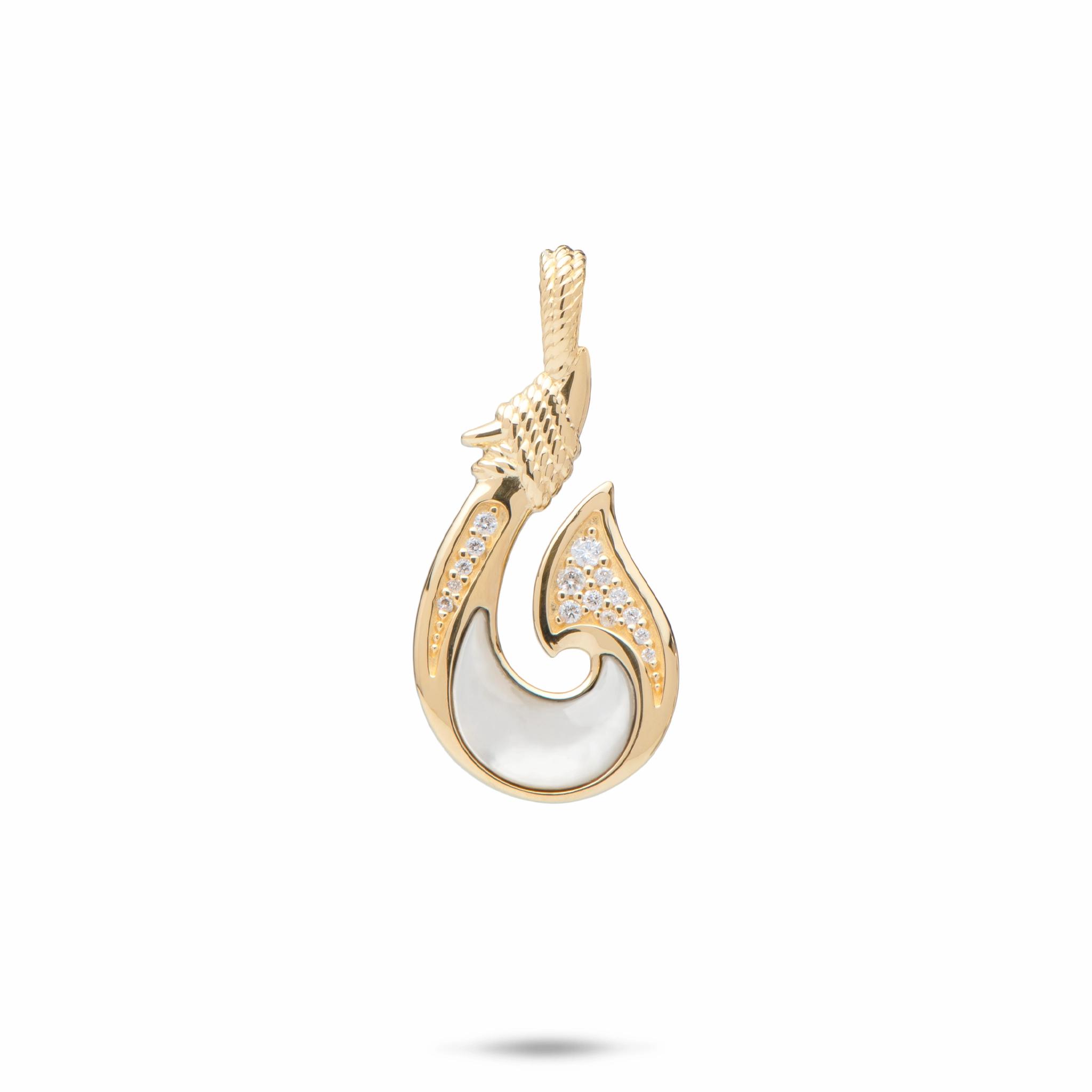 Sealife Fish Hook Mother of Pearl Pendant in Gold with Diamonds - 27mm Modern Highlight