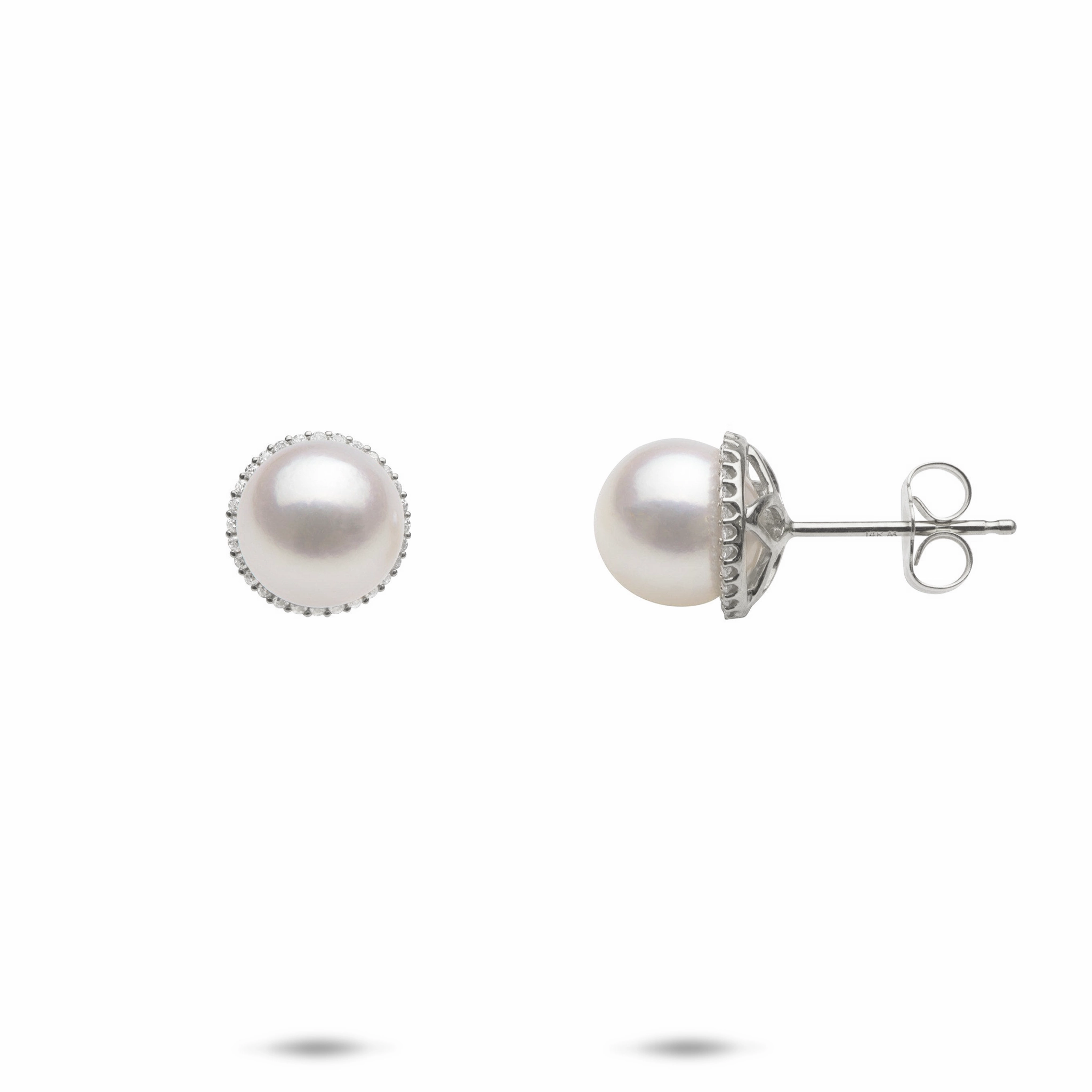 Halo Akoya White Pearl Earrings in White Gold with Diamonds - 8-8.5mm Romantic Present