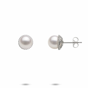 Halo Akoya White Pearl Earrings in White Gold with Diamonds - 8-8.5mm Romantic Present