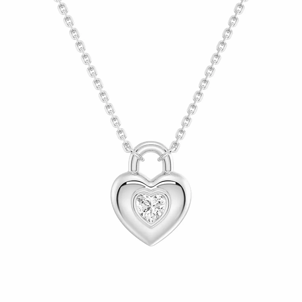 Love Lock Heart Solitaire Moissanite Pendant Necklace Sophisticated Design Elegant Treasures