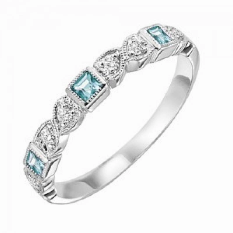 Luxury piece Blue Topaz BirthstoneDiamond And Square Ring 10K White Gold