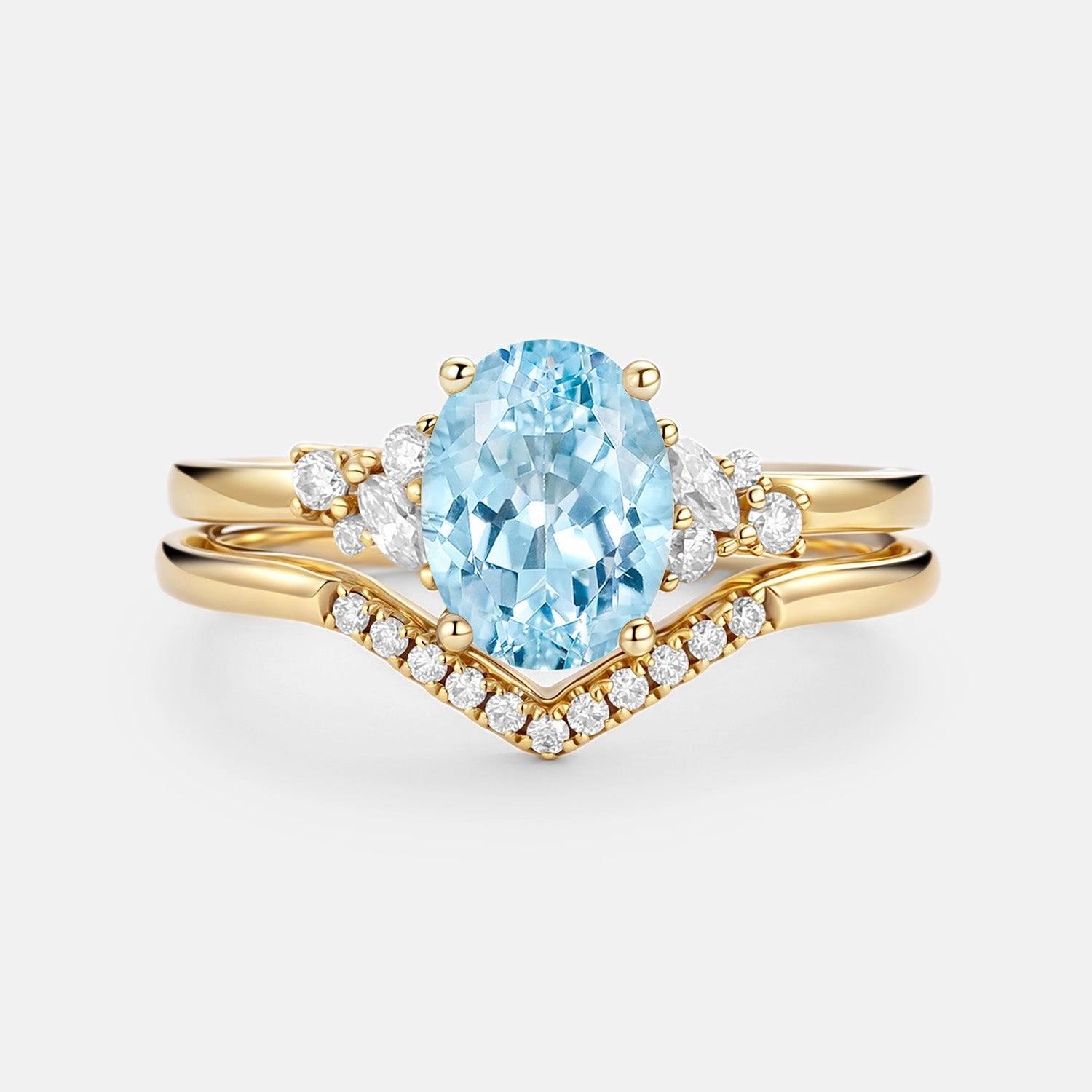 Stylish Outfit Signature Piece Oval Cut Aquamarine Classic Cluster Gold Ring Set 2pcs - Neptuna