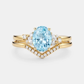 Stylish Outfit Signature Piece Oval Cut Aquamarine Classic Cluster Gold Ring Set 2pcs - Neptuna