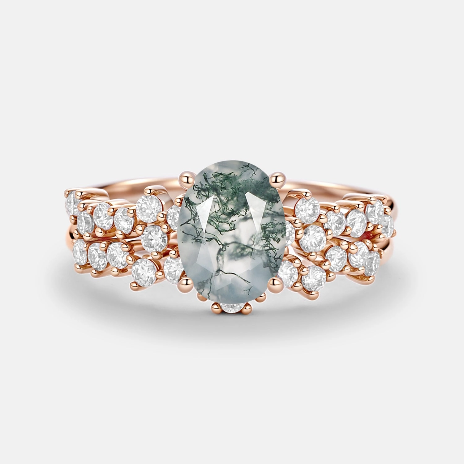 Luxury Moments Soft Shadow Oval Cut Lab Cornflower Sapphire Classic Cluster Gold Ring Set 2pcs - Megan