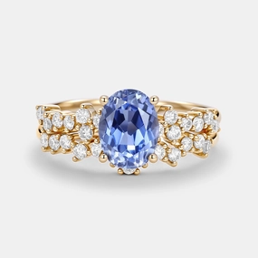 Oval Cut Lab Cornflower Sapphire Classic Cluster Gold Ring Set 2pcs - Megan Natural Details Minimal Sparkle