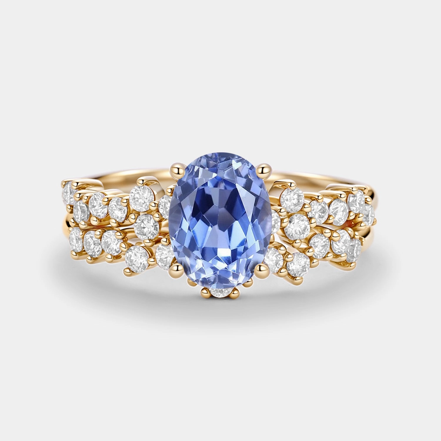 Oval Cut Lab Cornflower Sapphire Classic Cluster Gold Ring Set 2pcs - Megan Natural Details Minimal Sparkle
