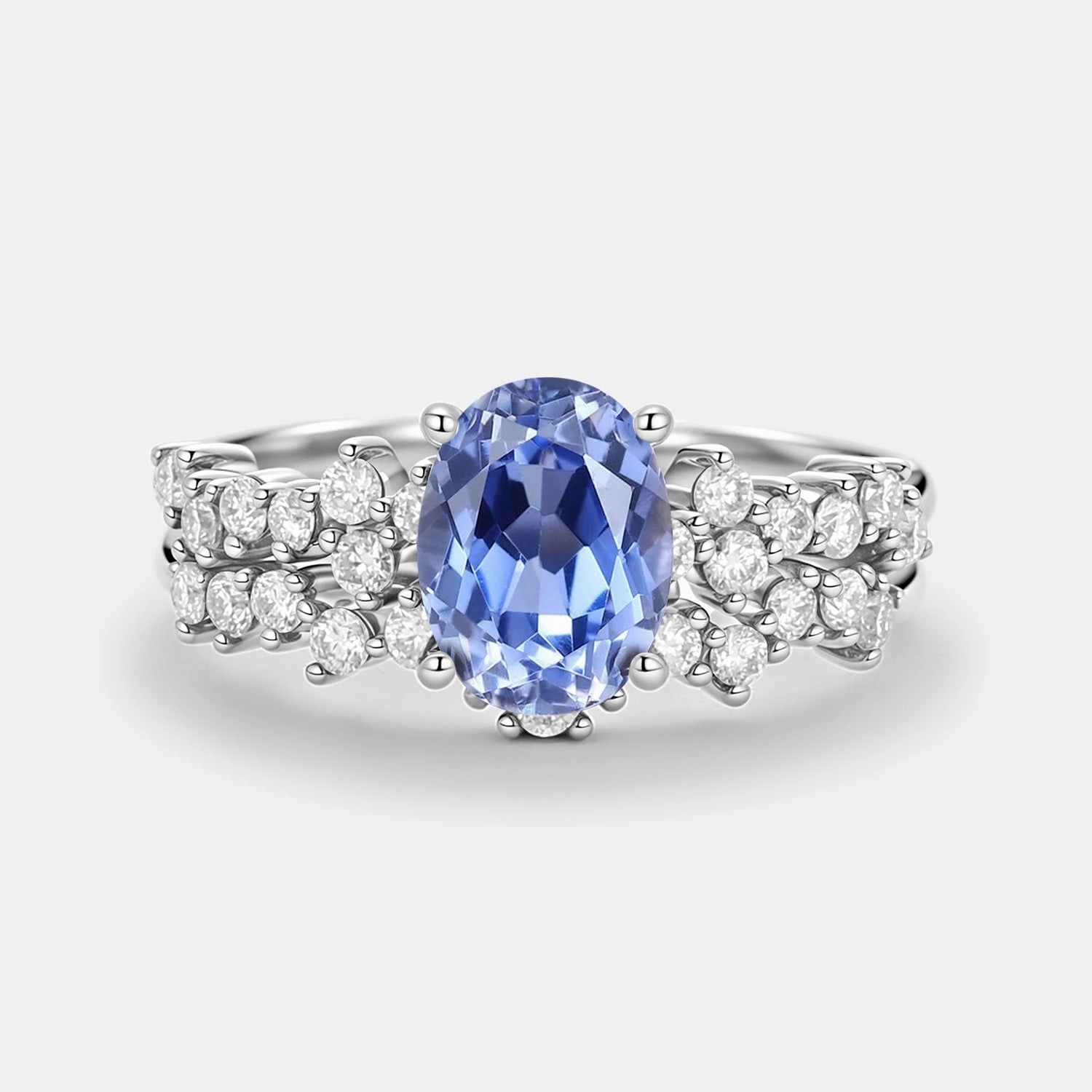 Oval Cut Lab Cornflower Sapphire Classic Cluster Gold Ring Set 2pcs - Megan Everyday Accent Sleek Craft