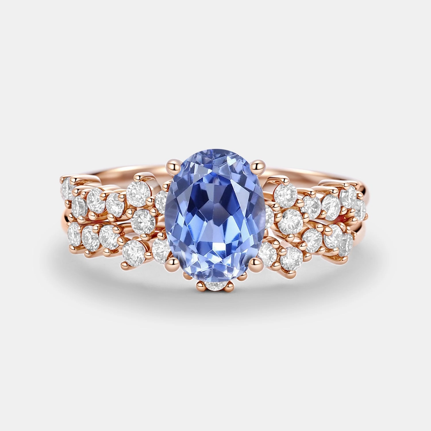 Shimmer Effect Spark Ready Oval Cut Lab Cornflower Sapphire Classic Cluster Gold Ring Set 2pcs - Megan