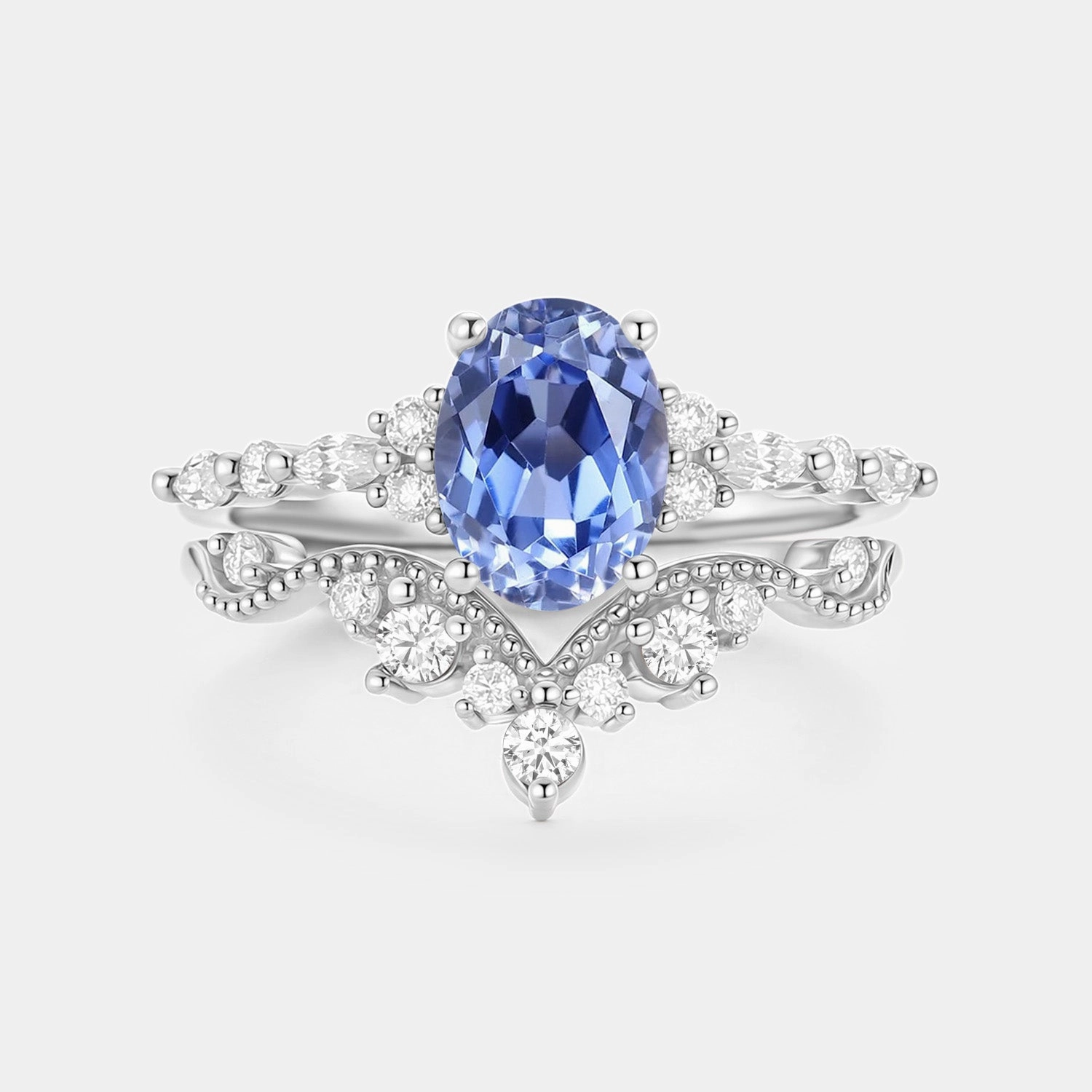 Oval Cut Lab Cornflower Sapphire Cluster Engagement Ring Sets 2pcs - Kira Balanced Feature Romantic Finish
