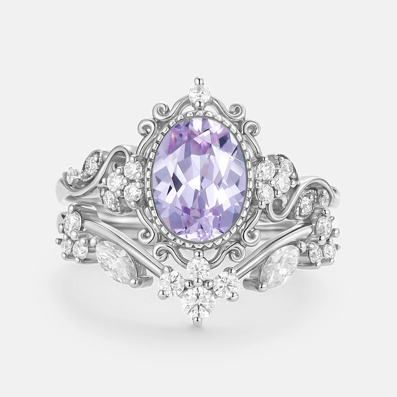 Oval Cut Lab Lavender Sapphire Cluster Engagement Ring Sets 2pcs - Cora Shining Edge