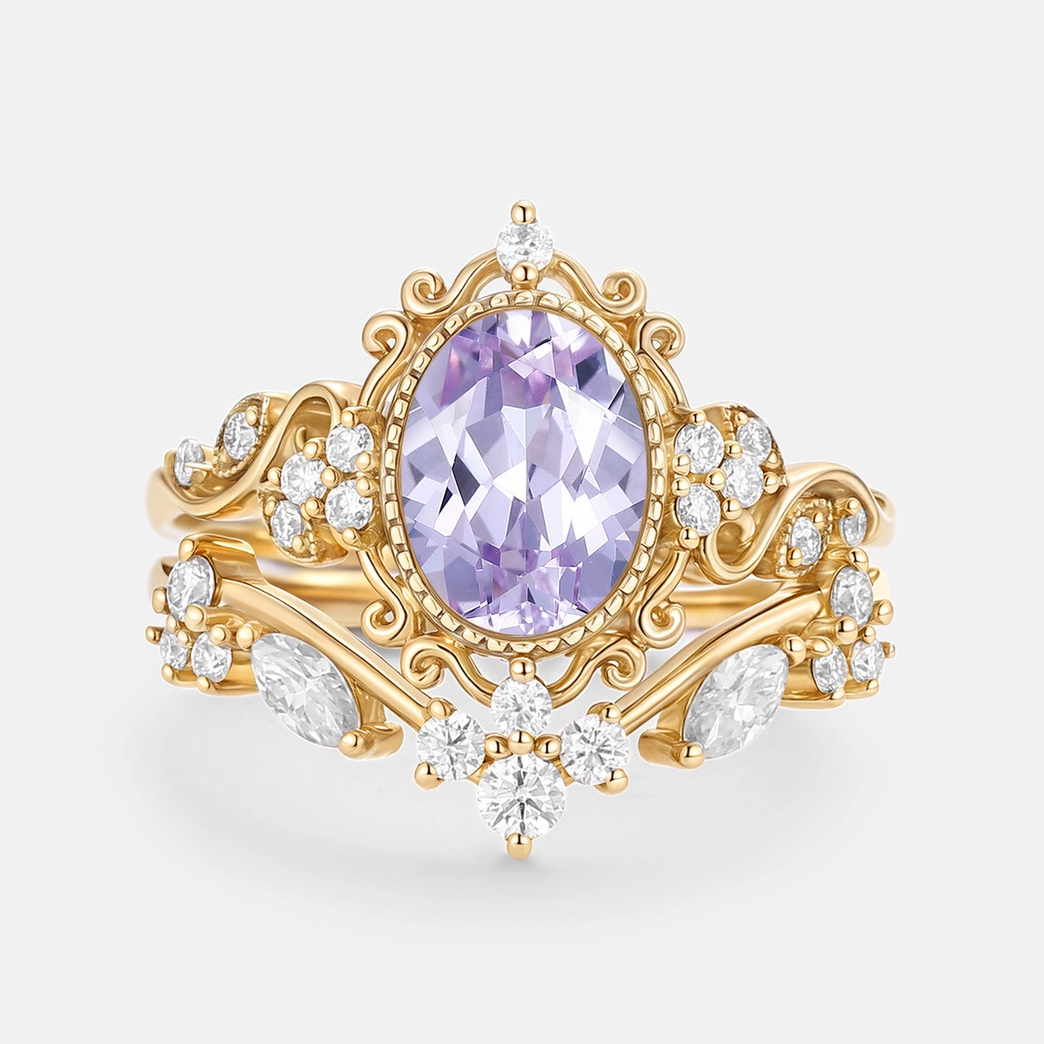 Glam Glow Oval Cut Lab Lavender Sapphire Cluster Engagement Ring Sets 2pcs - Cora