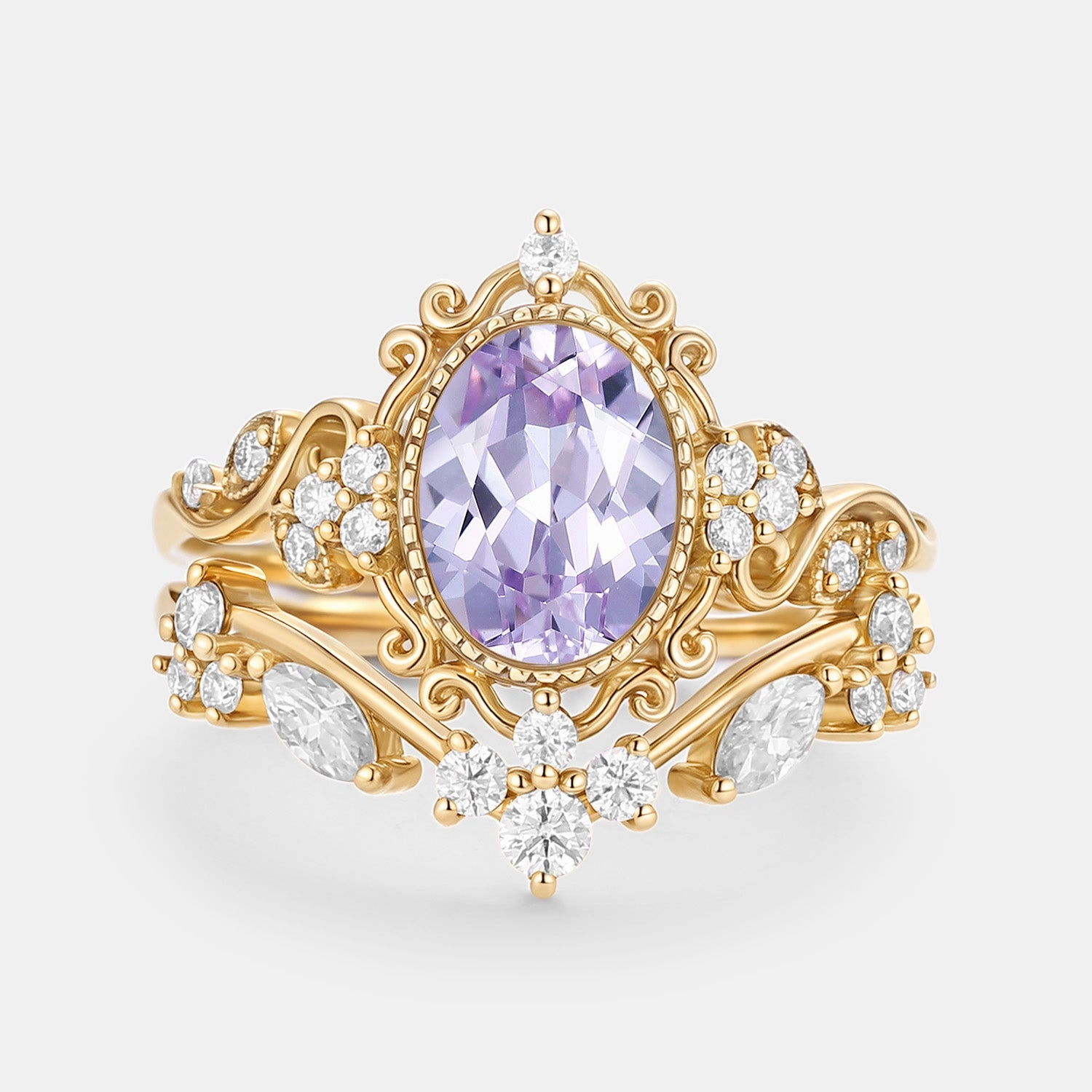 Oval Cut Lab Lavender Sapphire Cluster Engagement Ring Sets 2pcs - Cora Sparkle Vibe Radiant Look