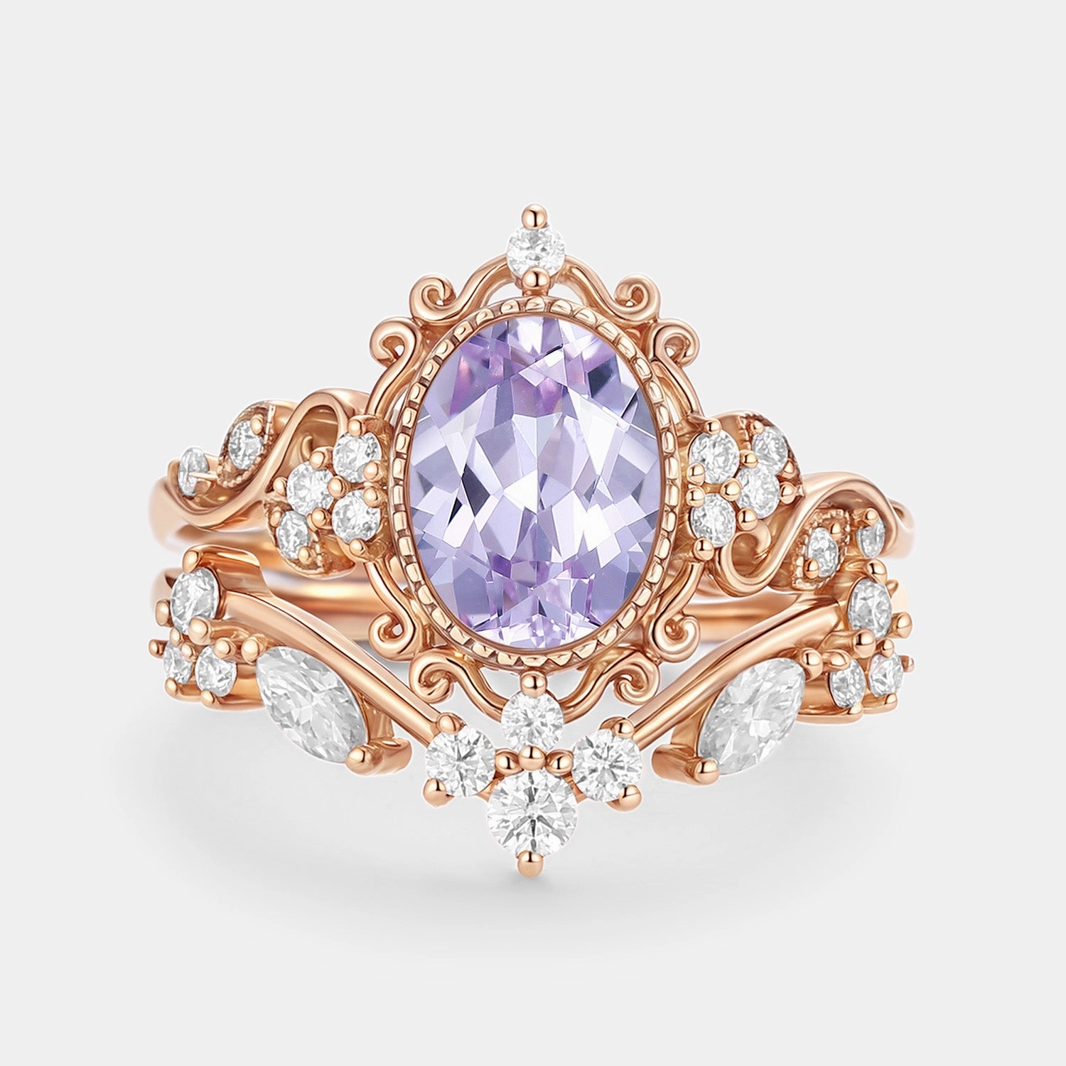 Alluring Charm Oval Cut Lab Lavender Sapphire Cluster Engagement Ring Sets 2pcs - Cora