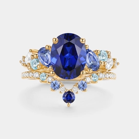 Perfect Finish Fashionable Edge Oval Cut Lab Sapphire Cluster Engagement Ring Sets 2pcs - Nebula