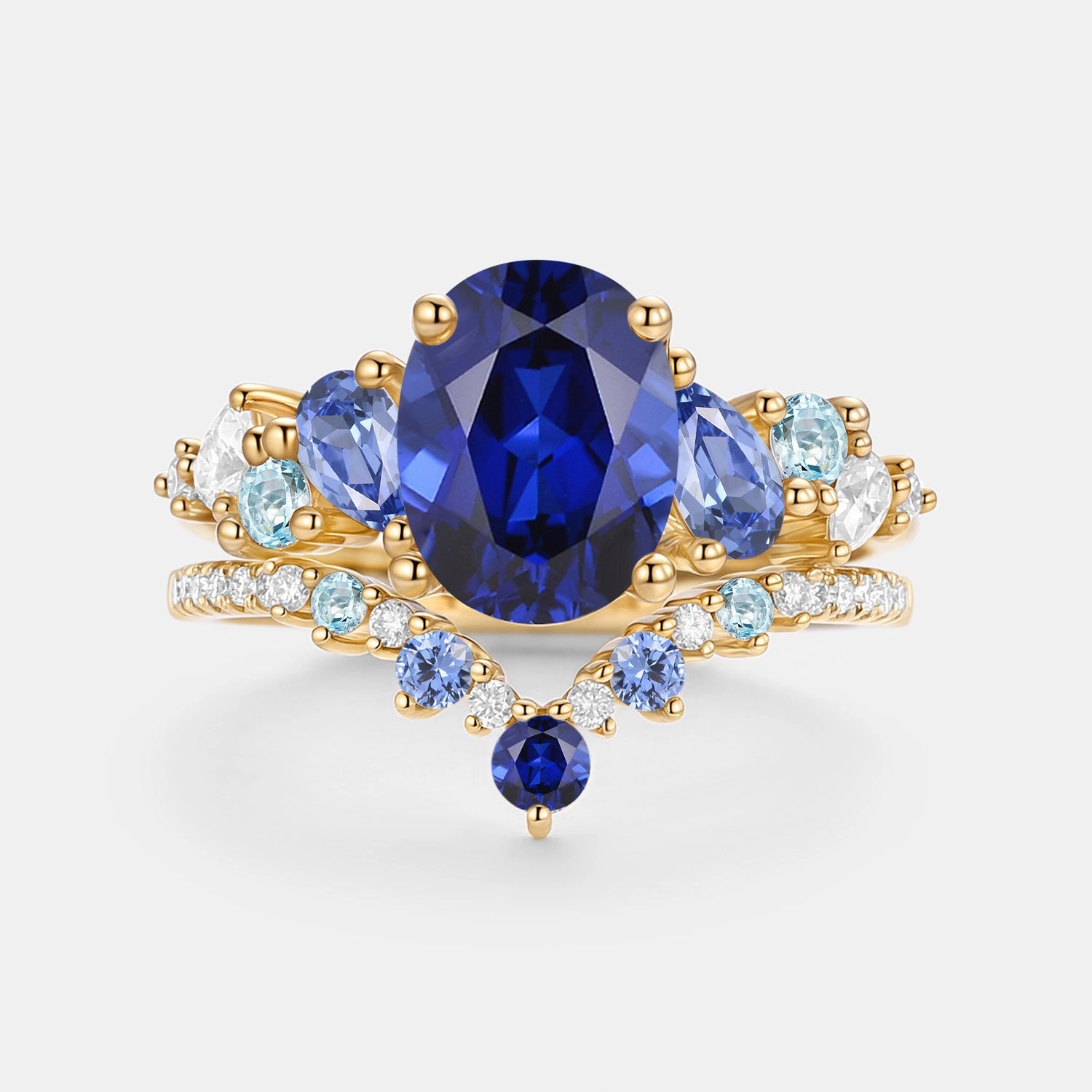 Perfect Finish Fashionable Edge Oval Cut Lab Sapphire Cluster Engagement Ring Sets 2pcs - Nebula