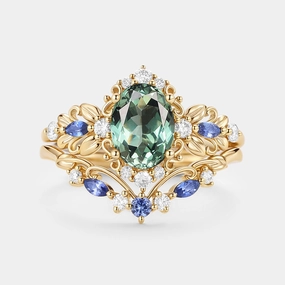 Trendy Highlight Oval Cut Leafy Lab Green Sapphire Engagement Ring Set 2pcs - Viriditas