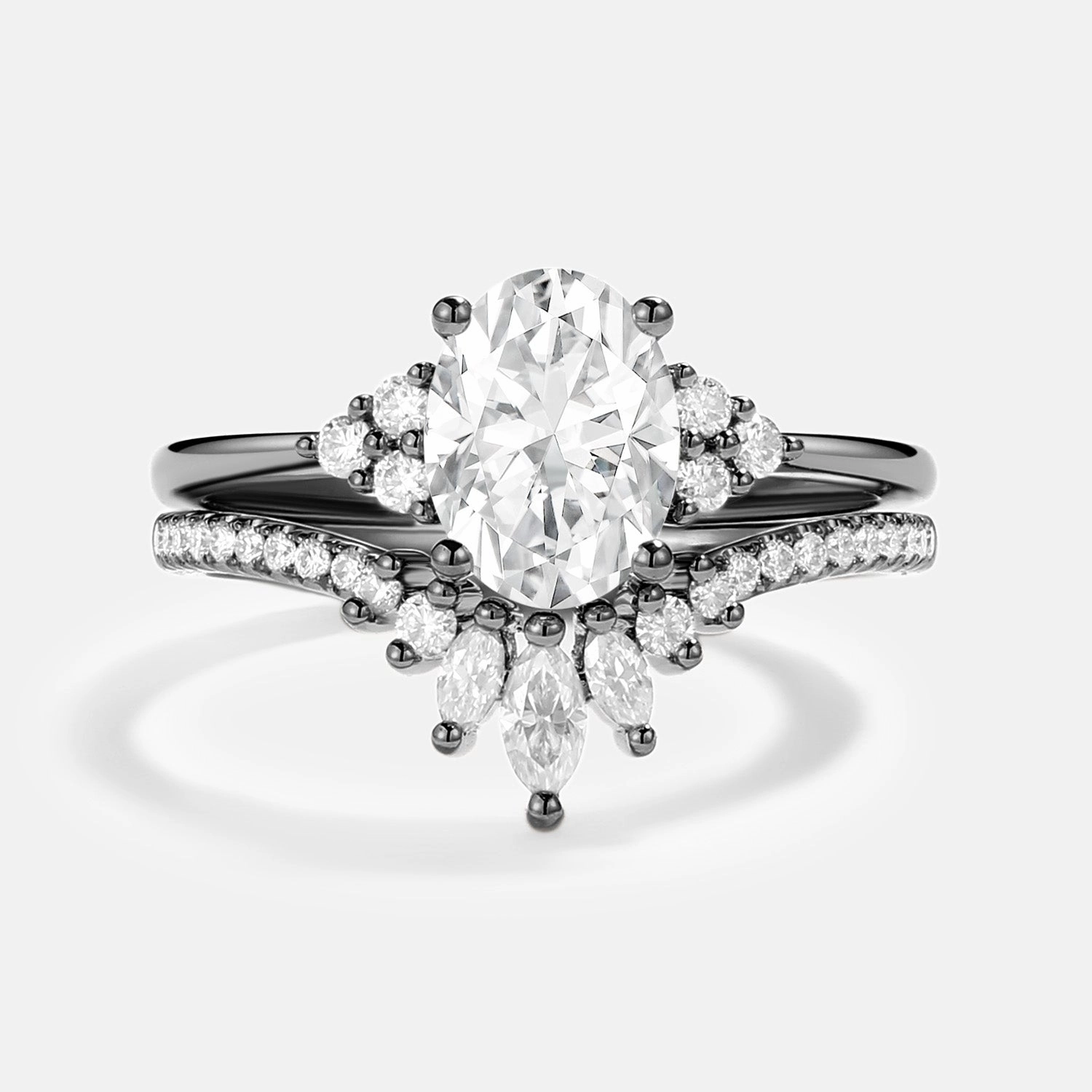 Oval Cut Moissanite Classic Cluster Gold Ring Set 2pcs - Lydia Rich Detailing