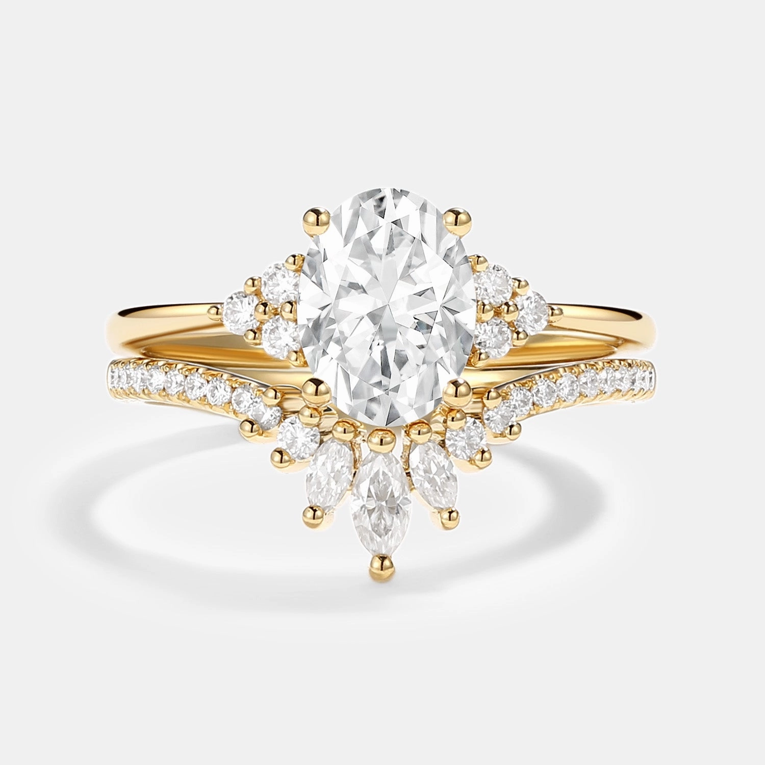 Oval Cut Moissanite Classic Cluster Gold Ring Set 2pcs - Lydia Contemporary Accent Inspired Accent