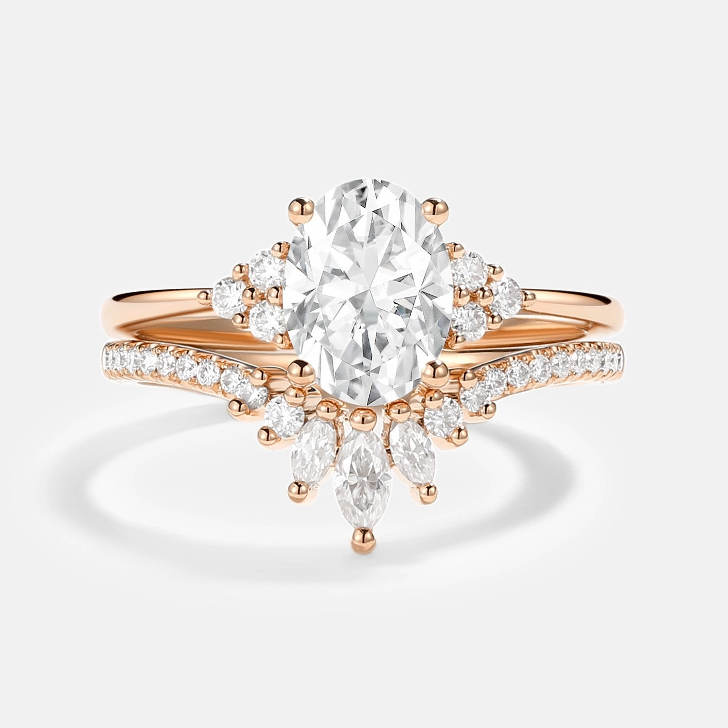 Bridal Collection Sculpted Sparkle Oval Cut Moissanite Classic Cluster Gold Ring Set 2pcs - Lydia