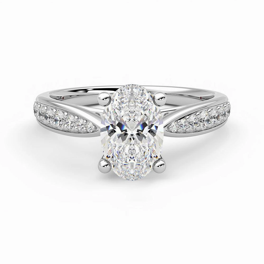Oval Cut Moissanite Engagement Ring with Pav?? Band and Hidden Anniversary Stone Accent Signature Detail Luxe Finish