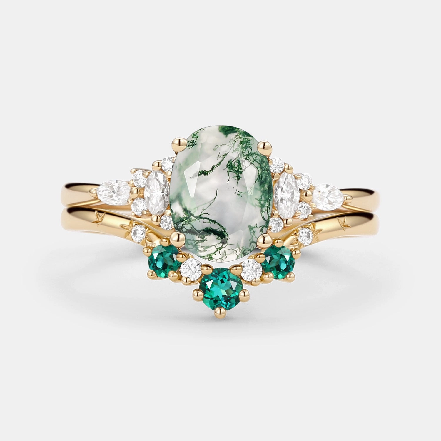 Oval Cut Moss Agate & Lab Emerald Engagement Ring Sets 2pcs Zoom Focus Night Spark