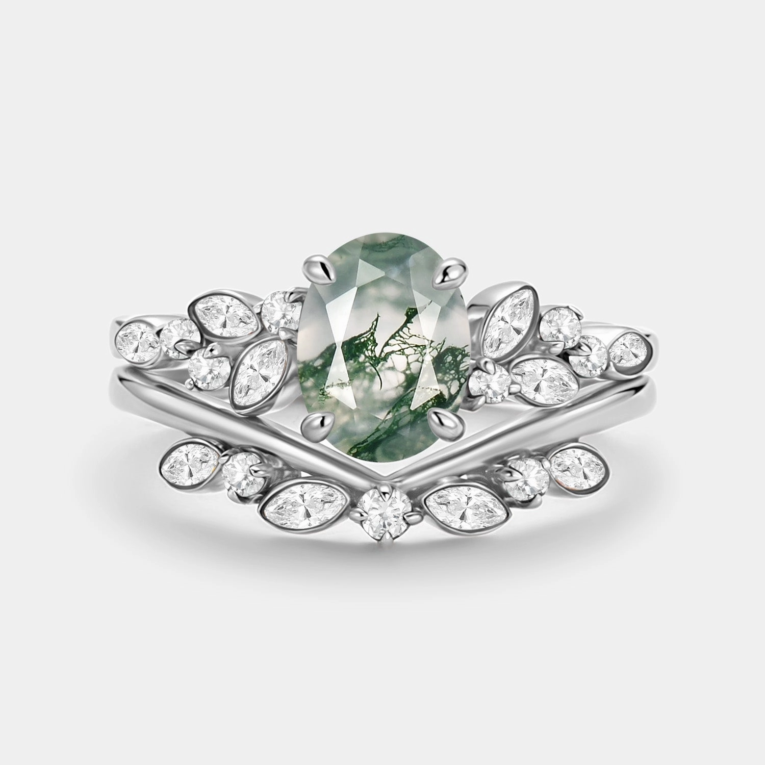 Handcrafted Design Oval Cut Moss Agate & Moissanite Engagement Ring Set 2pcs - Ember