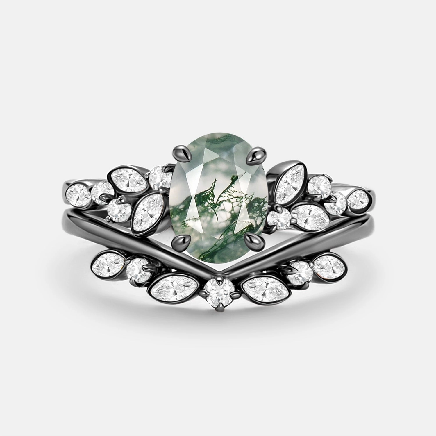Oval Cut Moss Agate & Moissanite Engagement Ring Set 2pcs - Ember Glow Ready Bold Design