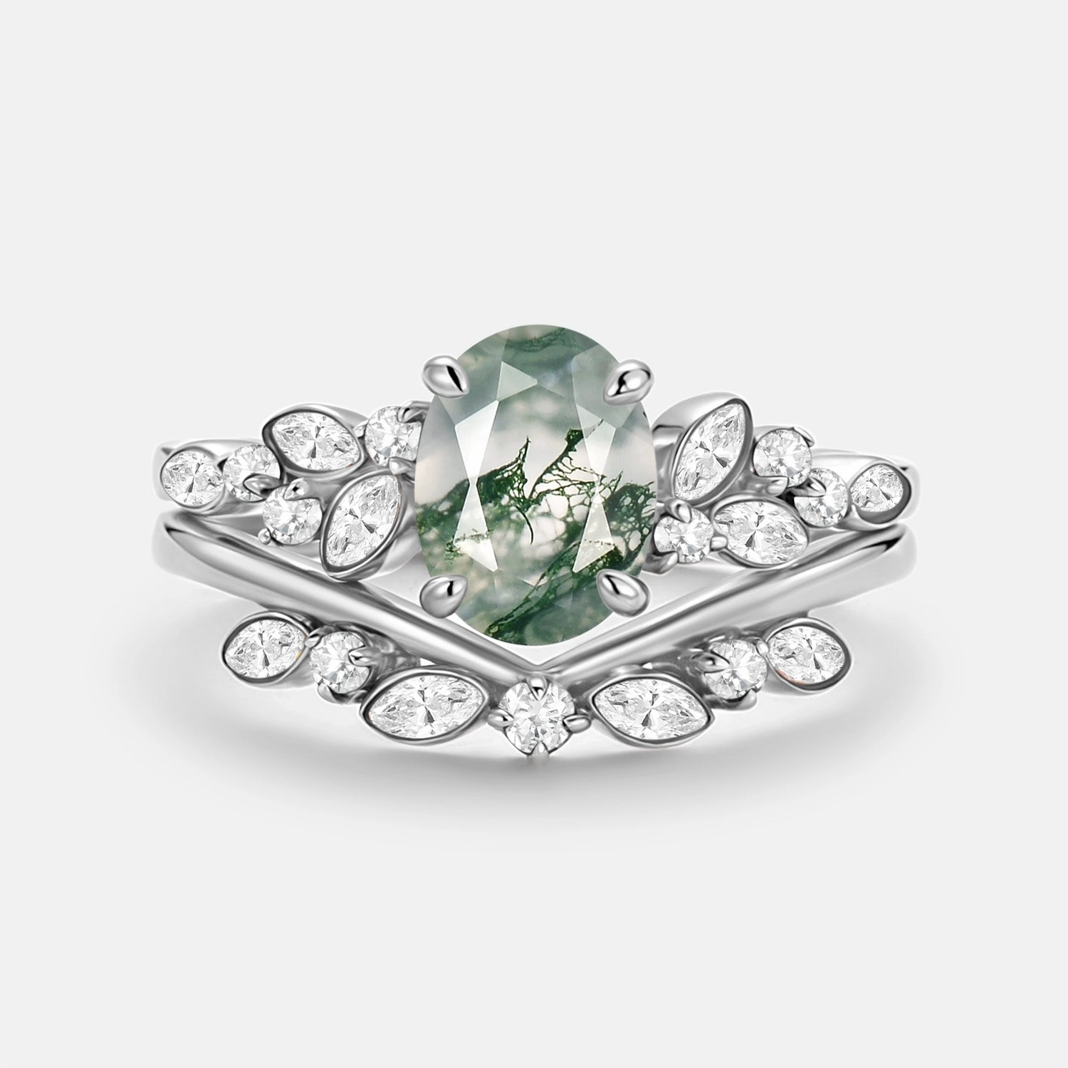 Oval Cut Moss Agate & Moissanite Engagement Ring Set 2pcs - Ember Exclusive Gifts