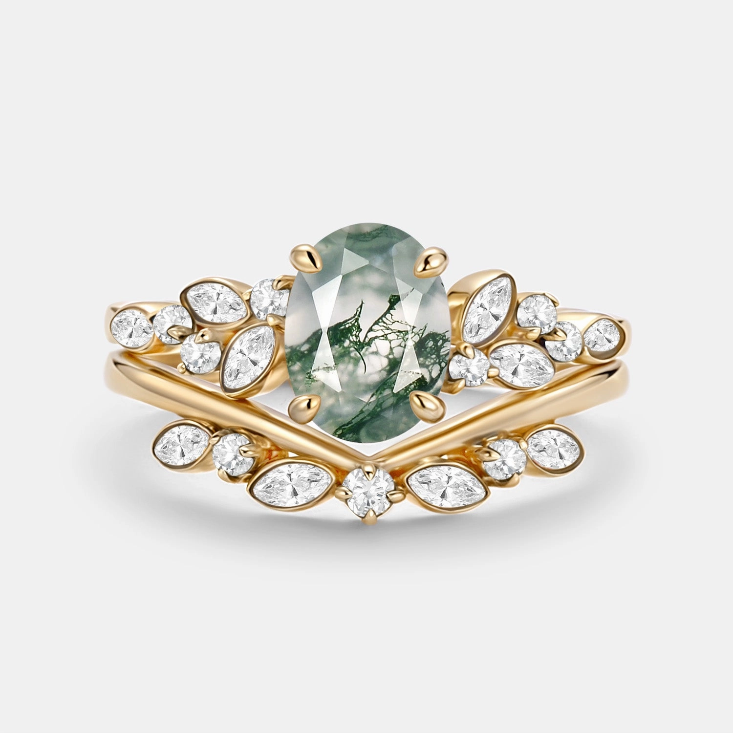 Oval Cut Moss Agate & Moissanite Engagement Ring Set 2pcs - Ember Eye-Catching Detail Versatile Shine