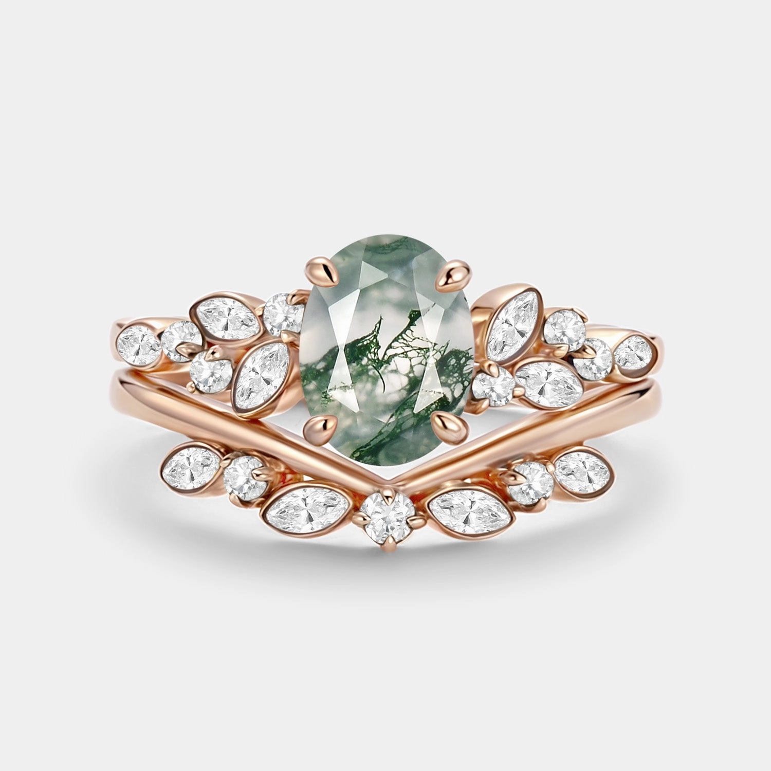 Bold Pop Premium Feature Oval Cut Moss Agate & Moissanite Engagement Ring Set 2pcs - Ember