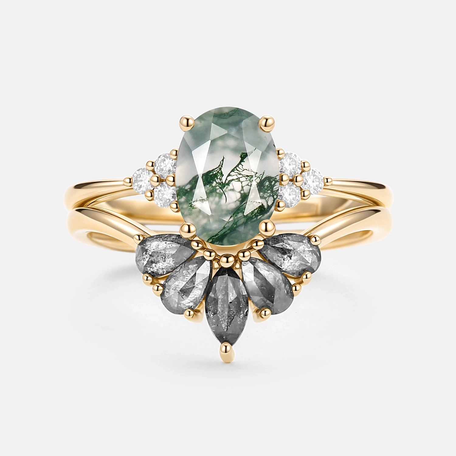 Oval Cut Moss Agate & Salt and Pepper Diamond Ring Set 2pcs - Terra Shimmering Form Glam Finish