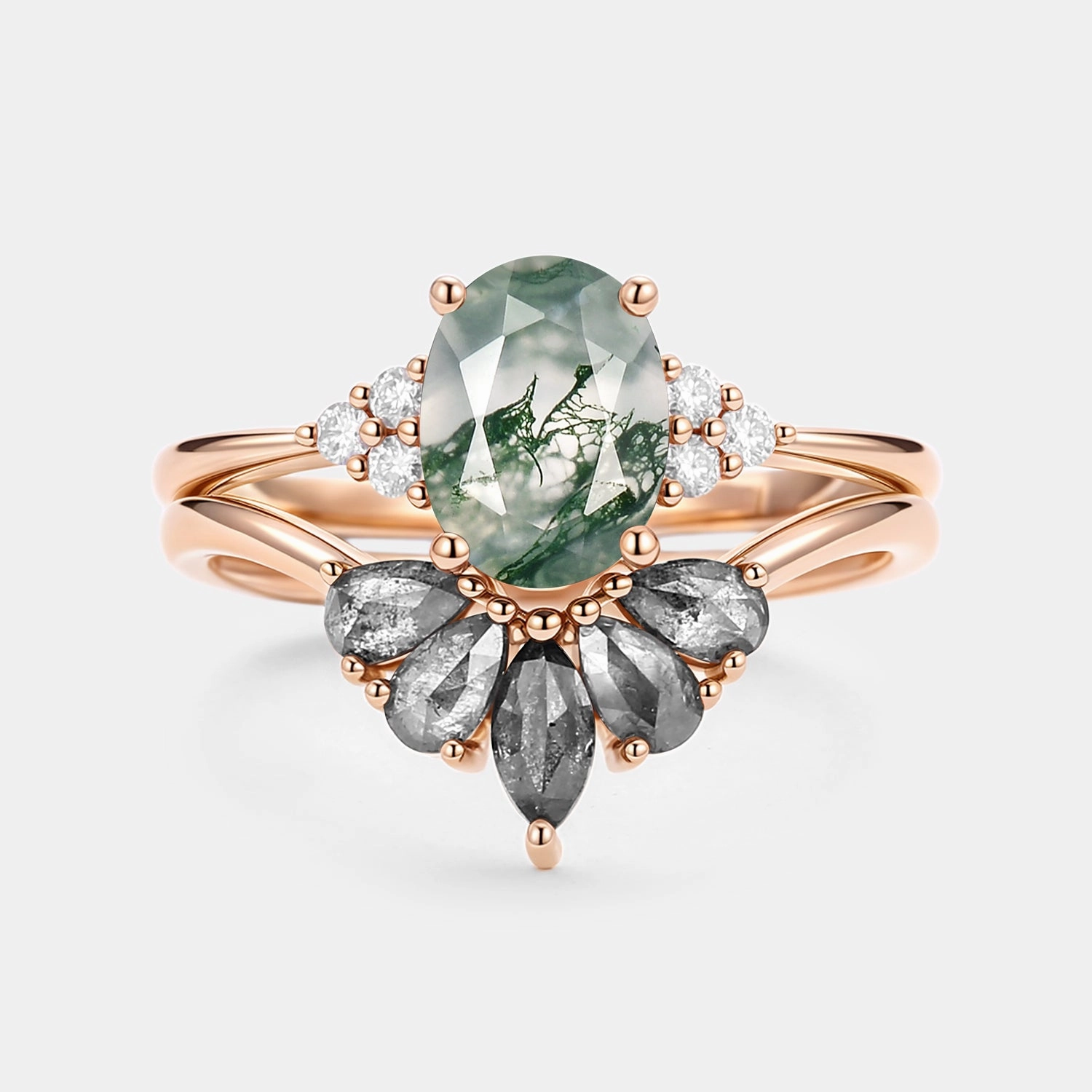 Contemporary Glow Soft Contrast Oval Cut Moss Agate & Salt and Pepper Diamond Ring Set 2pcs - Terra
