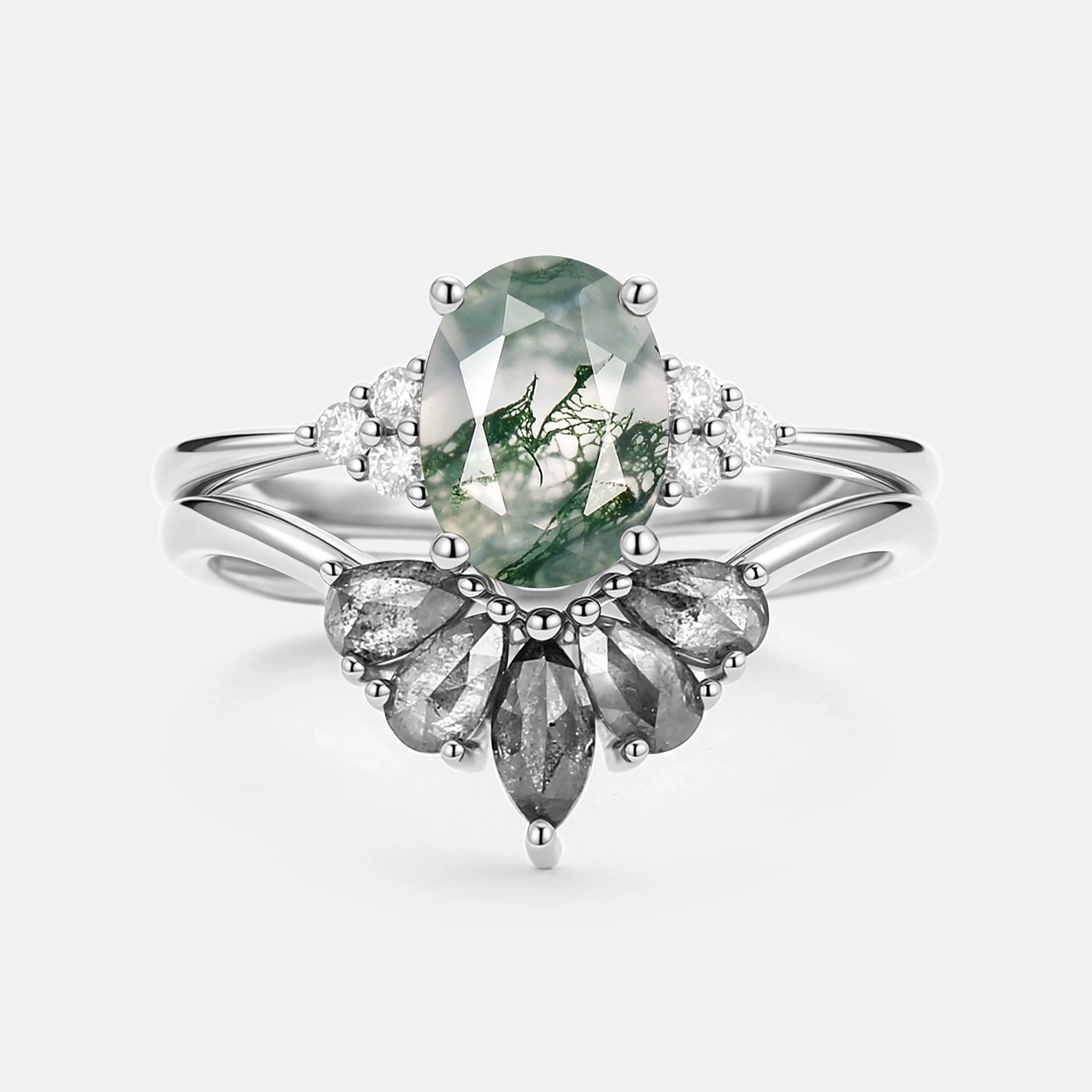 Infinite Style Oval Cut Moss Agate & Salt and Pepper Diamond Ring Set 2pcs - Terra
