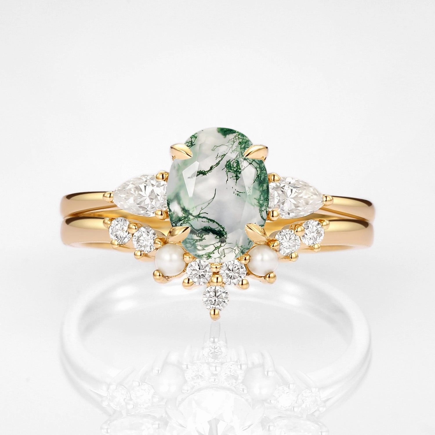 Oval Cut Moss Agate Vintage Gold Ring Set 2pcs - Nancy Polished Layer Timeless Piece