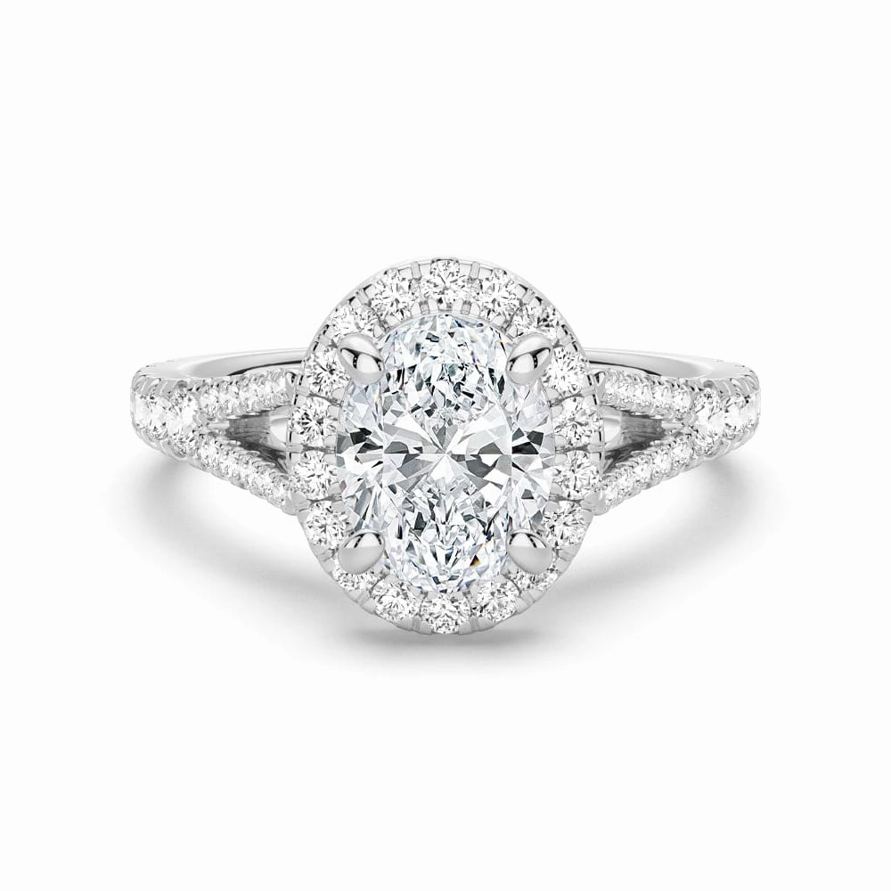 Oval Cut Split Shank Moissanite Halo Engagement Ring Luxury Accent Subtle Charm