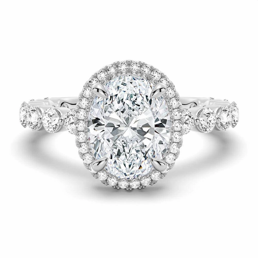 Oval Halo with Pav?? Shared Prong Band Moissanite Engagement Ring Polished Accent Fashionable Design