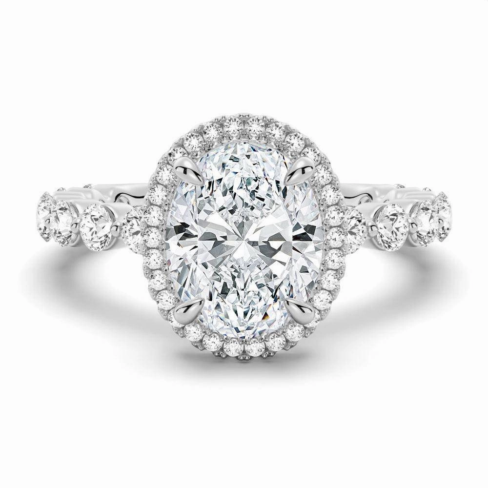 Oval Halo with Pav?? Shared Prong Band Moissanite Engagement Ring Timeless Spark Soft Glow