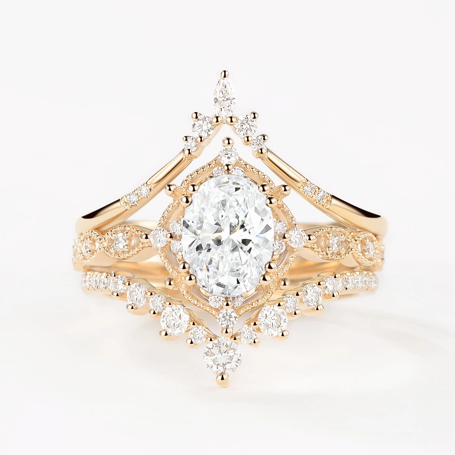 Fashion Elegance Romantic Gift Oval Lab Grown Diamond Signature Vintage Ring Set 3pcs - Charlotte