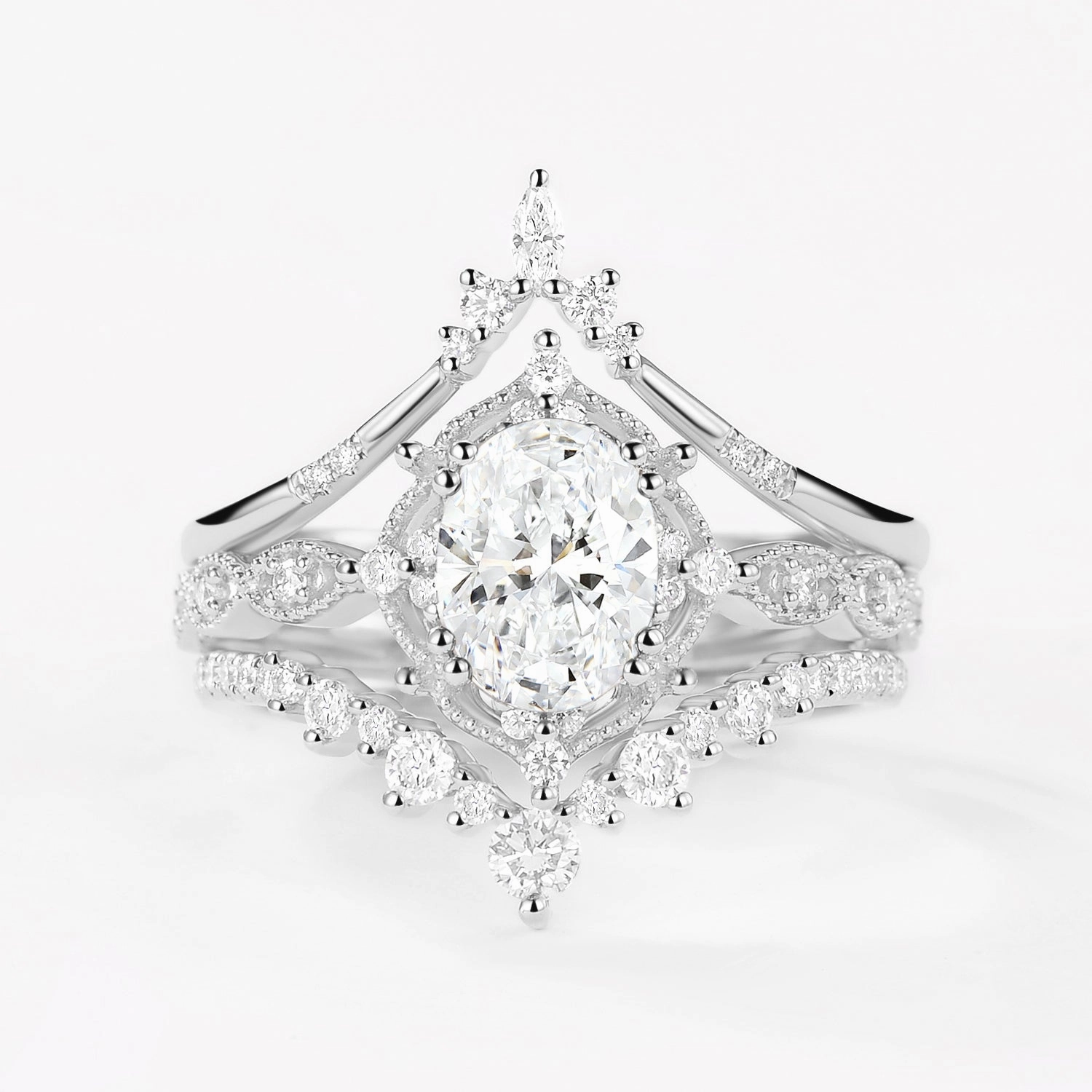 Studio Shot Oval Lab Grown Diamond Signature Vintage Ring Set 3pcs - Charlotte