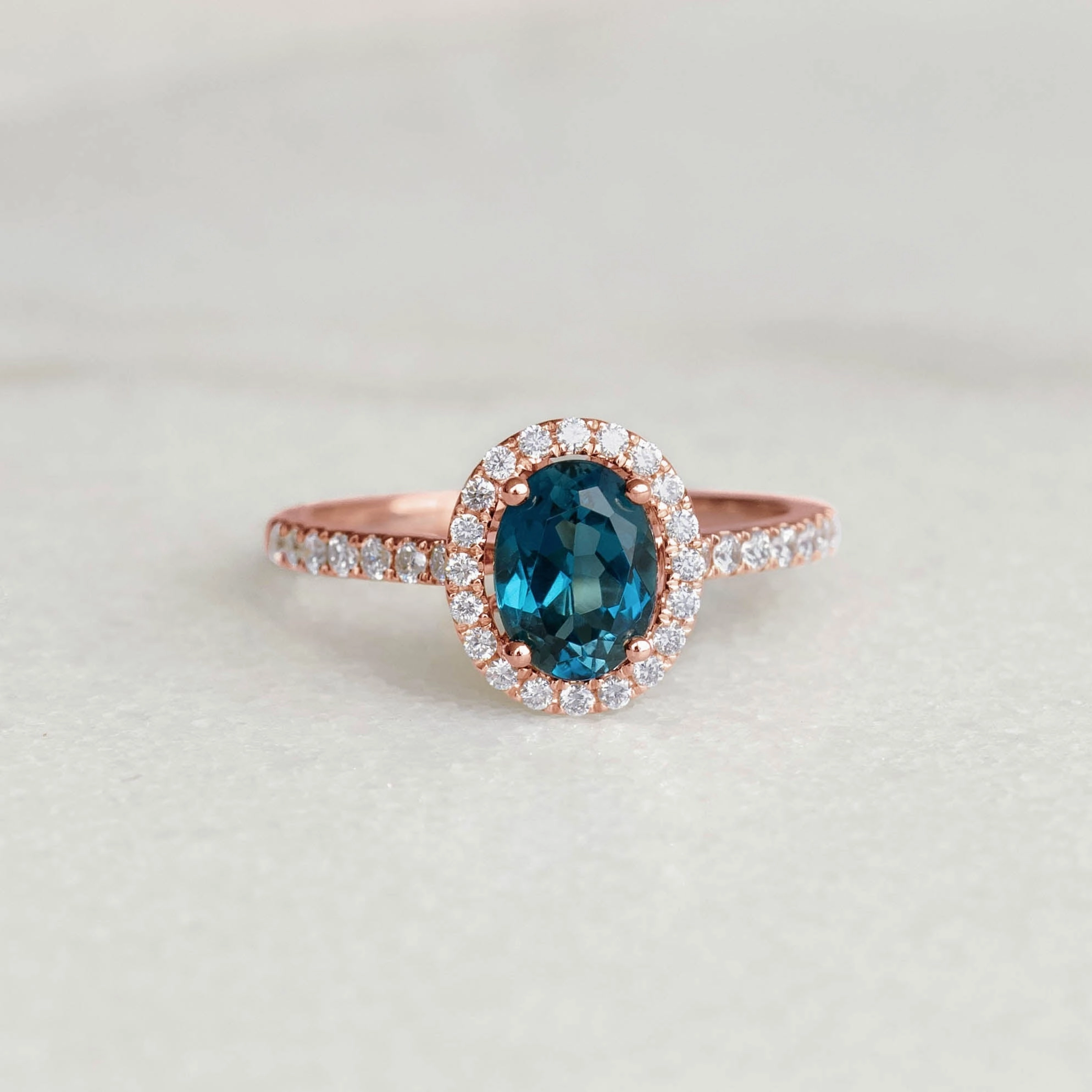 Oval London Blue Topaz Halo Ring Rose Gold - Suna Fashion Jewelry