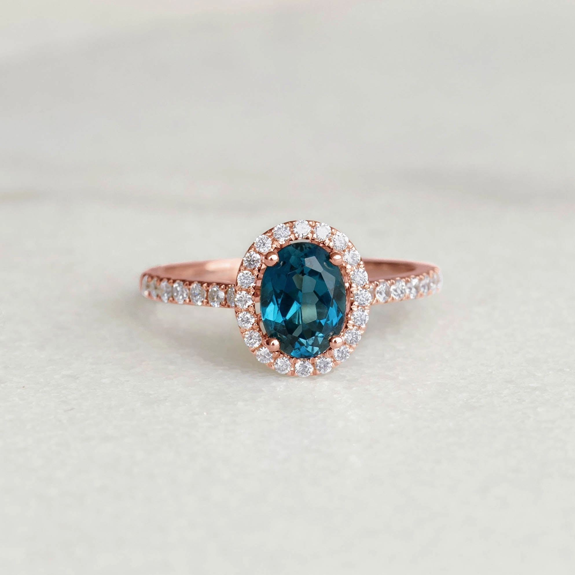 Oval London Blue Topaz Halo Ring Rose Gold - Suna Special Gift