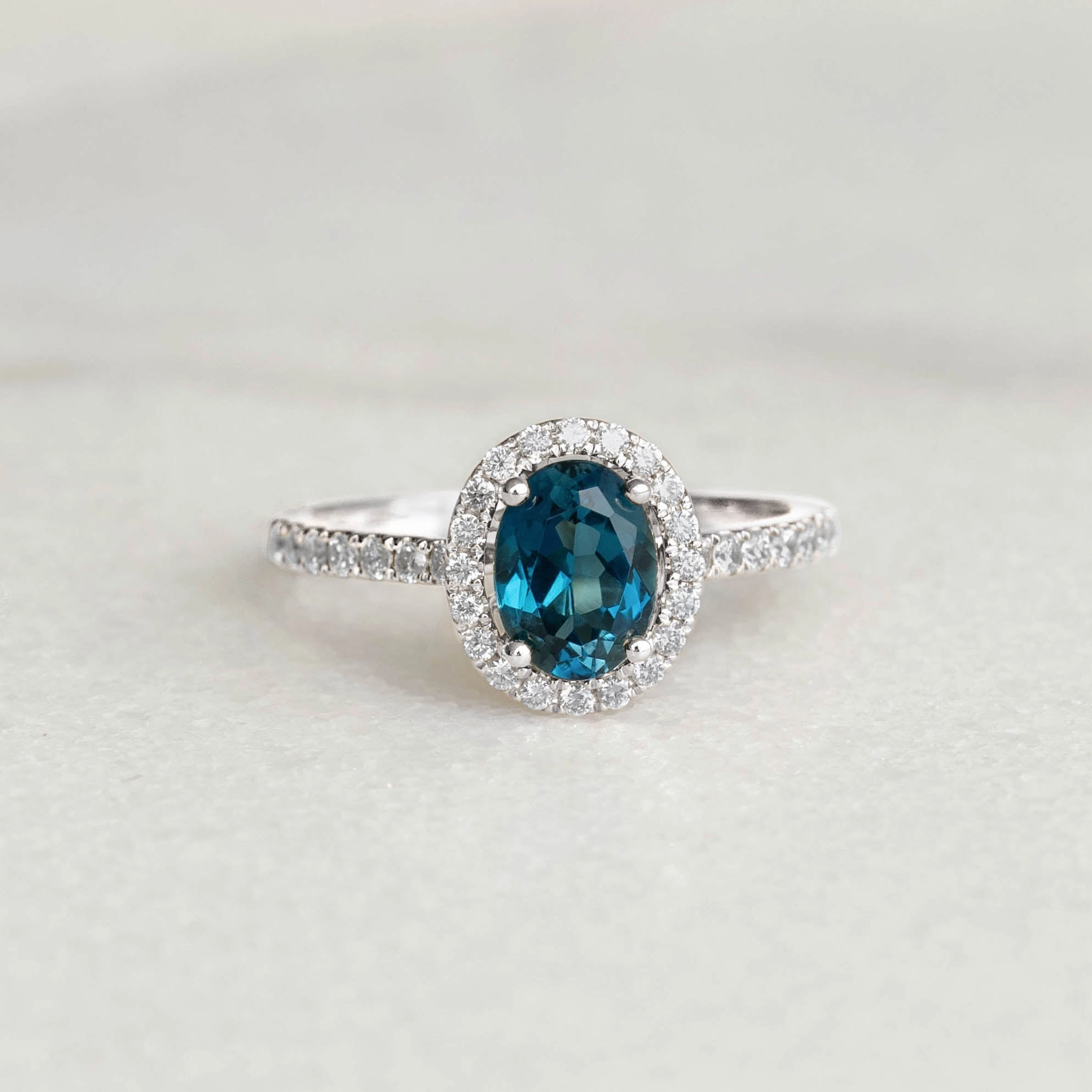 Oval London Blue Topaz Halo Ring White Gold - Suna Soft Match Sleek Form