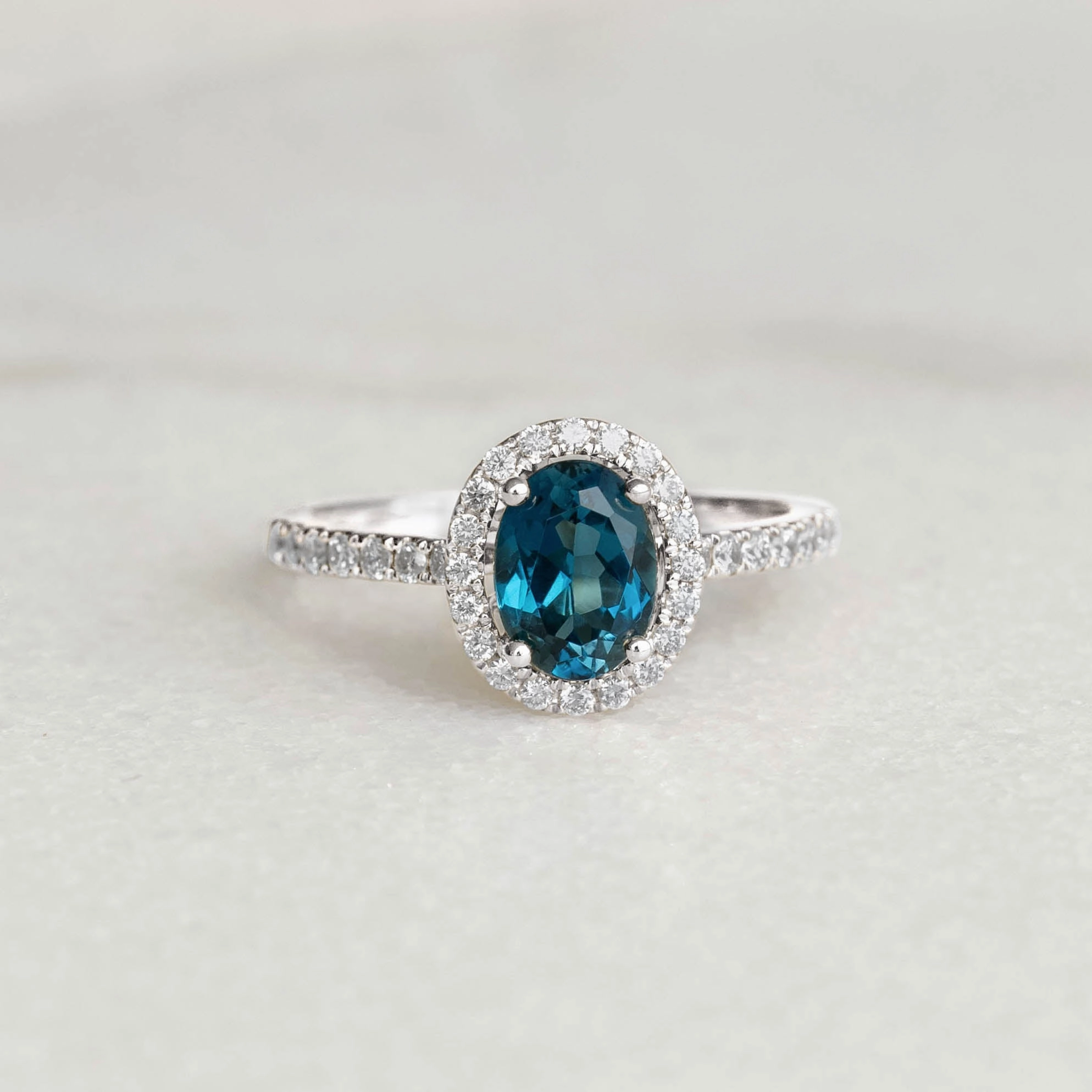 Oval London Blue Topaz Halo Ring White Gold - Suna Polished Element