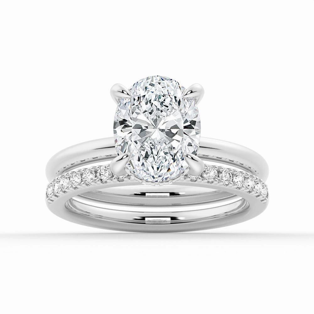 Oval Solitaire Hidden Halo Moissanite Ring Set with Matching Wedding Band Vintage Detail