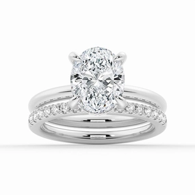Oval Solitaire Hidden Halo Moissanite Ring Set with Matching Wedding Band Simple Luxe