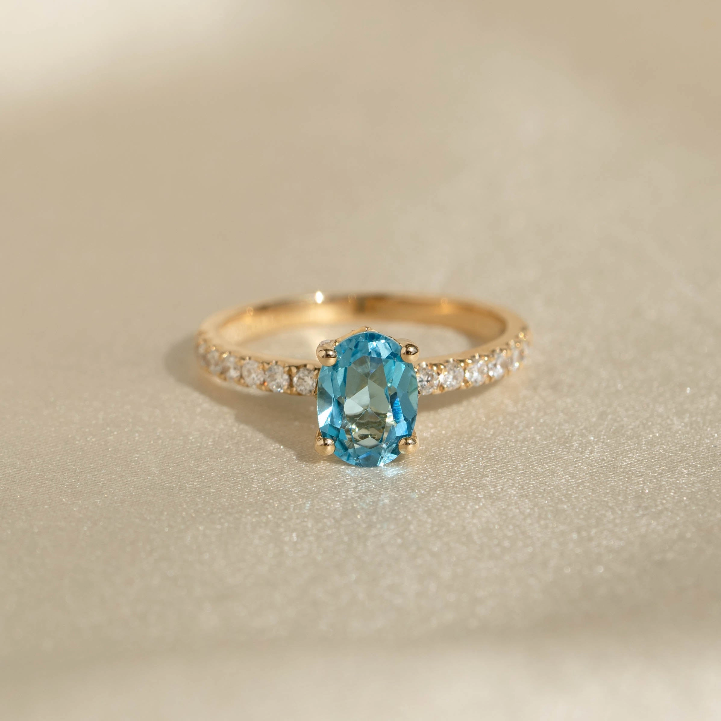 Precious Shine Feminine Light Oval Swiss Blue Topaz and Diamond Ring 14k Gold - Minette